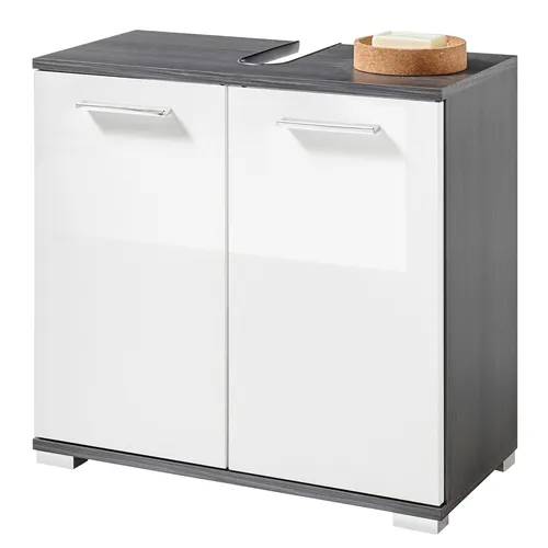 Waschbeckenunterschrank 60 cm - grau-weiß - Stylischer Waschbeckenunterschrank in grau-weiß, 60 cm breit, bietet optimalen Stauraum für Ihr Badezimmer und überzeugt mit modernem Hochglanz-Finish.