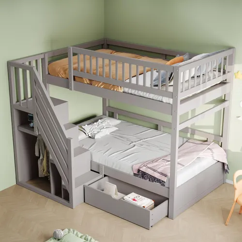 okwish Etagenbett 90x200 mit Leiter und Hohem Sicherheitsgitte,Hochbett rmit Lattenrost und Stauraum,Jugendbett mit Stauschubladen,ohne Matratze,Weiß