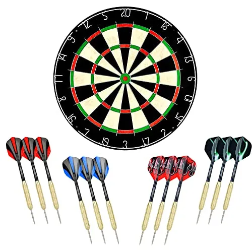 LinkVisions Dartscheibe mit klammerfreiem Bullseye, 18 g Stahlspitzen-Dart-Set, 12 Dartpfeile mit Stahlspitze, 18 g, Dartscheiben-Montagesets enthalten