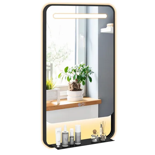 COSTWAY LED Badspiegel mit Anti-Beschlag-Funktion - Schwarz - Eleganter Badspiegel mit praktischer Anti-Beschlag-Funktion und 3 einstellbaren Lichtfarben. Der robuste Aluminiumrahmen sorgt für Langlebigkeit und eine offene Ablage bietet Platz für Ihre Essentials.