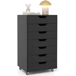 COSTWAY Rollcontainer mit 7 Schubladen, Aktenschrank mit Rädern, Bürocontainer, Schubladenschrank Rollschrank Rollwagen, Schubladenkommode, Schwarz - Schwarz