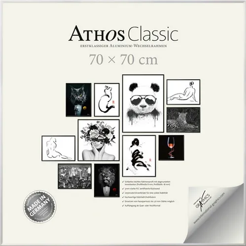 Bilderrahmen Athos Classic+, quadratisch, 70x70 cm, glänzendes Silber - Der elegante Bilderrahmen Athos Classic+ (70 x 70 cm) aus poliertem Aluminium setzt Ihre Bilder stilvoll in Szene. Die schlichte Form passt perfekt in jedes Zuhause und schützt Ihre Erinnerungen vor Staub.