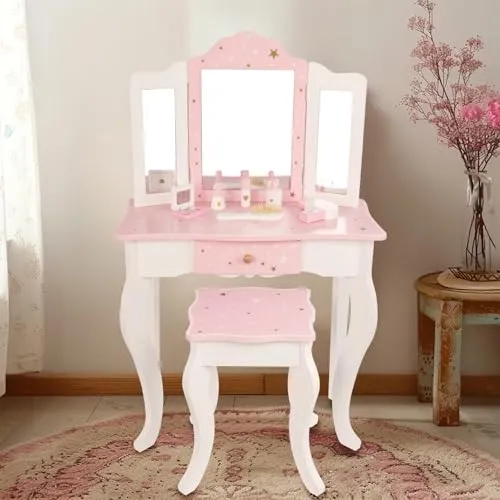 WOODENFUN Rosa Kinder Prinzessin Schminktisch mit dreifachem Klappspiegel, Hocker, Schublade, Make-up-Set, Sternenmuster multifunktionaler hölzerner Schminktisch für Kindergeburtsgeschenk