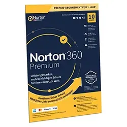 Norton 360 Premium 10 Geräte - 1 Jahr, Download - Security-Suiten mit umfassendem Malware-Schutz für bis zu 10 Geräte, inklusive VPN, Passwort-Manager und 75 GB Cloud-Backup für maximale Sicherheit und Privatsphäre.