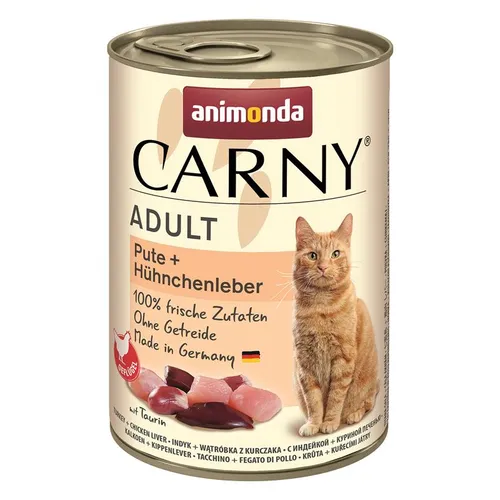 Carny Katzen Nassfutter Pute + Hühnchenleber (6 x 400g) - Getreidefreies Premium Futter, mit frischen Fleischzutaten für gesunde Ernährung erwachsener Katzen