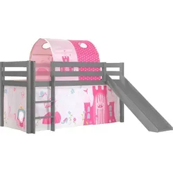 Kinderbett mit Rutsche Karolina – Massivholz Grau, Textilset Princess - Modernes Spielbett aus Massivholz in Grau mit Rutsche. Liegefläche 90x200 cm, inklusive waschbarem Textilset im Prinzessinnen-Design. Ideale Kombination aus Spiel und Schlafplatz.