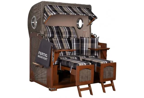 MR.DEKO Strandkorb 2-Sitzer Düne Bullauge aus Vollholz - Der Strandkorb Düne vereint maritimen Stil mit hochwertiger Verarbeitung. Gefertigt aus robustem Vollholz und UV-beständigem Geflecht, ist er ideal für Garten, Terrasse oder Balkon. Genießen Sie Komfort mit verstellbarer Rückenlehne und waschbaren Polstern.
