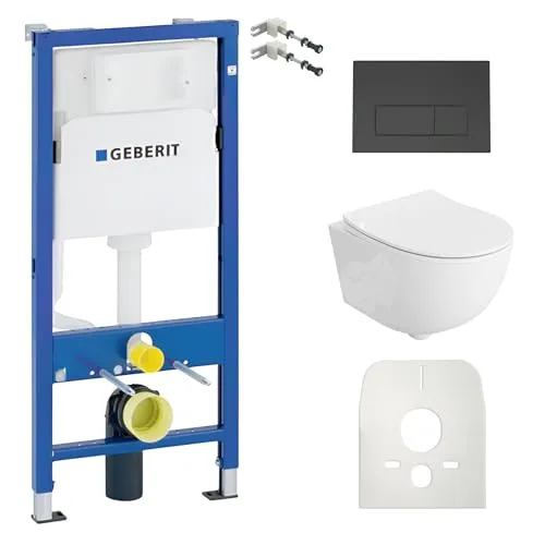 Lavita Duofix Basic Vorwandelement + Wand Tiefspül WC Brava Weiß Spülrandlos + WC Sitz + Bedienplatte Delta 25 Schwarzer Knopf Komplettset Unterputz Spülkasten Toilette Komplett Sett WC