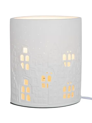GILDE Tischleuchte Stadtlichter Porzellan weiß Hausmotiv Höhe 20 cm Dekoration Beleuchtung Wohnaccessoire Geschenkidee