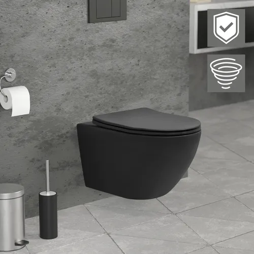 LuxeBath Wand WC Spülrandlos in Schwarz Matt, Tiefspüler - Sanitäranlagen & Zubehör - Modernes, spülrandloses Wand WC mit Nano-Beschichtung für höchste Hygiene und einfache Reinigung. Ideal für eleganten Komfort in Ihrem Badezimmer.