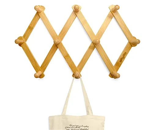 luXva® Garderobenhaken aus Bambus mit 10 Haken, faltbarer Kleiderhaken aus Holz für Jacken, Mäntel, Schals, Handtaschen, Hüte u. Mehr, Design Garderobenleiste ausziehbar, Natur