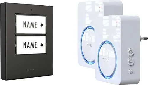M-e modern-electronics 100152 Funkklingel Komplett-Set mit Bewegungsmelder - Beleuchtete Funkklingel mit klangaktivem Signal und praktischem Namensschild, ideal für eine moderne und komfortable Türkommunikation.
