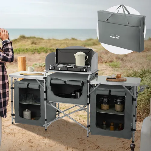 Hauki Campingschrank - Faltbare Outdoorküche mit Tragetasche - Camping-Möbel: Robuste, faltbare Küche aus Aluminium mit Windschutz, ideal für Camping und Outdoor-Aktivitäten, Maße 174,5x40x110,5 cm.