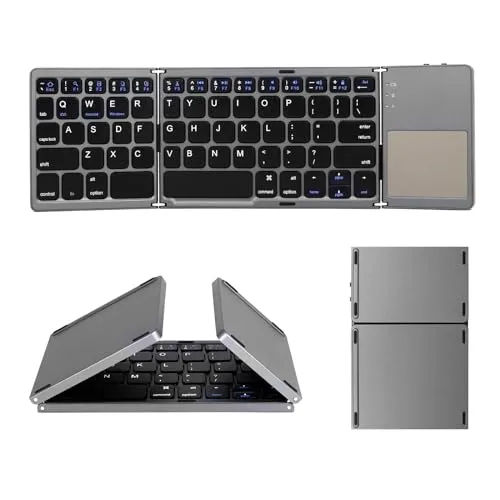 Faltbare Bluetooth-Tastatur mit Touchpad, von Aurtec, wiederaufladbare, tragbare Wireless-Mini-Tastatur für PC, Tablet, Samsung, Android, iOS, Smartphone, Dunkelgrau, deutsches Layout nicht garantiert