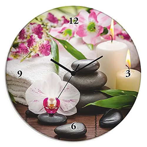 ARTLAND Lautlose Wanduhr mit Zen Steinen und Orchideenmotiv in pink von ARTland