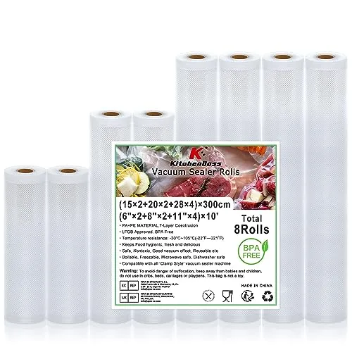 KitchenBoss Vakuumierbeutel Vakuumierfolie Folienrollen Vakuumbeutel-Lebensmittel:Vakumierfolienrollen Einschweissbeutel, BPA Frei Folienbeutel für Vakuumiergerät, 8 Rollen 15x2/20x2/28x4/x300cm