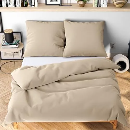 Wolkenfeld Winter Bettwäsche 155x200 cm – Beige - kuschlig weich & bügelfrei – ÖKO-TEX Zertifiziert – Mikrofaser Bettwäsche-Sets 1x Bettbezug 155 x 200 + 1x Kissenbezug 80x80