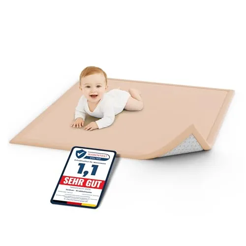 teskon Seidenweiche Krabbelmatte Baby 150x80x3cm beige Extra Dicke(3cm) Spielmatte Kinder mit Premium Memory-Schaum Rutschfester Teppich Kinderzimmer Sichere und gemütliche Krabbeldecke