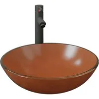 vidaXL Badezimmer Waschbecken mit Wasserhahn und Ablaufgarnitur Braun - Elegantes Waschbecken aus gehärtetem Glas mit Wasserhahn und Pop-up Ablaufgarnitur. Ideal für stilvolle Bäder, hitzebeständig und leicht zu reinigen.
