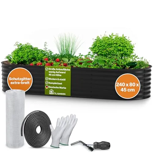 TTL GARDEN 240x80x45cm Elegance L Metall Hochbeet Anthrazit - Stahl rostfrei verzinkt & grau lackiert Wellblech ovale Form sehr stabil Garten Beet für Gemüse Kräuter Blumen Gartenbeet Gemüsebeet