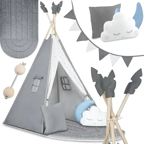Nukido Spielzelt für Kinder - Teepee mit Holzrahmen - Baby- & Kleinkindspielzeug: Kreatives Spielzelt in Form eines Tipis, stabiler Holzrahmen, inklusive Kissen und Spielmatte - ideal für stundenlangen Spielspaß!