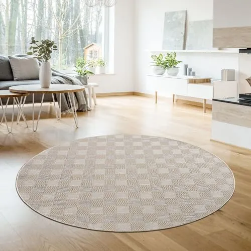 TT Home In-& Outdoorteppich Wetterfest Terrasse Balkon Esszimmer Geometrische Optik Boho Skandi Muster Unifarben Modern, Farbe:Beige Weiß Creme, Größe:160 cm Rund