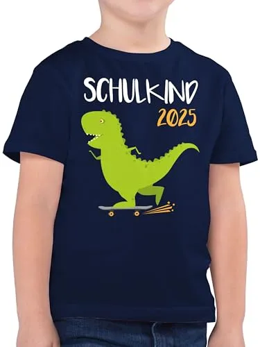 Kinder T-Shirt Jungen - Einschulung Junge - Schulkind 2025 - Dino mit Skateboard - 128 (7/8 Jahre) - Dunkelblau - Schulanfang Tshirt einschulungsshirt schulanfänger Dinos Shirt 2022