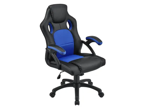 Juskys Gaming-Stuhl Montreal, Ergonomisch & Kippbar, Schwarz-Blau - Bürostuhl mit ergonomischer Form, verstellbarer Rückenlehne und 5 Doppelrollen für optimale Beweglichkeit – ideal für Gamer und Home Office.