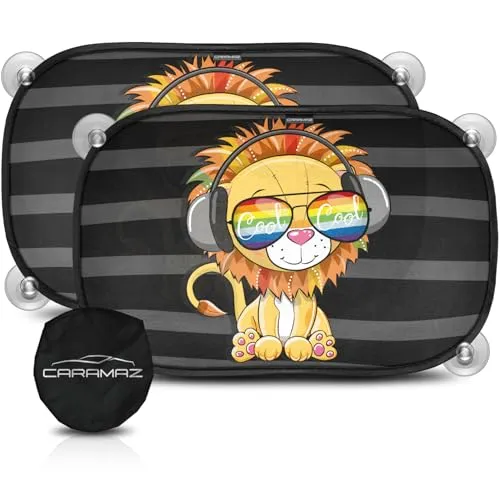 CARAMAZ Sonnenschutz, Kompatibel mit Personenkraftwagen, Auto Baby mit UV Schutz 48x30cm - 2 Stück mit Saugnäpfen - Kinder - Fenster - Sonnenblende Motiv: Gelb-Lion
