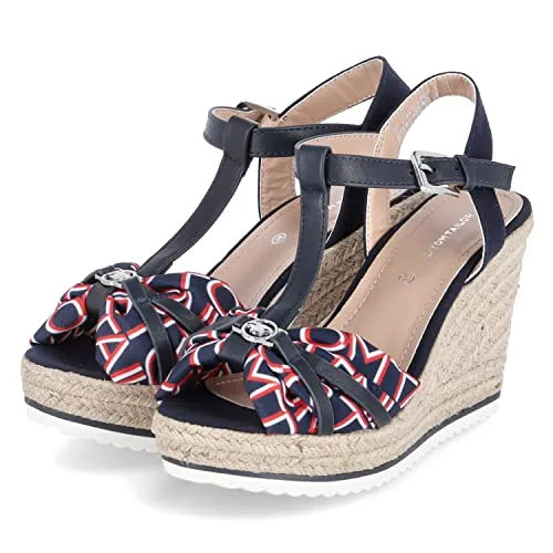 Tom Tailor Damen Sandaletten mit Keilabsatz - Wanderschuhe in Dunkelblau mit rutschhemmender Laufsohle und leicht gepolsterter Decksohle für höchsten Tragekomfort an heißen Sommertagen.