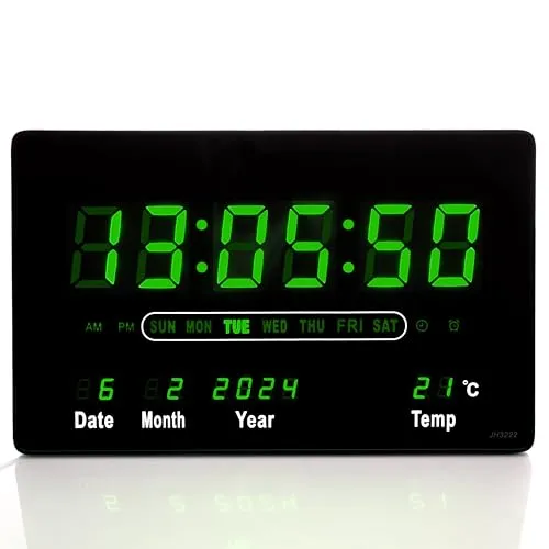 TruWare Just Camp Wanduhr Digital Groß LED mit Kalender und Temperaturanzeige - Moderne LED Wanduhr mit großem Display (32x20 cm) für klare Ablesbarkeit. Diese digitale Uhr vereint Kalender, Temperaturanzeige und zwei Weckfunktionen – ideal für Gewerbe und Zuhause.