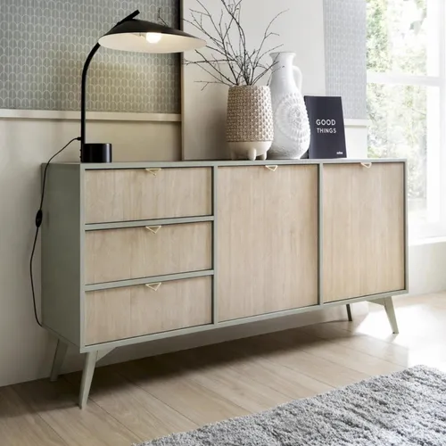 Kommode Silva KSZD-158 cm in Eukalyptus Grün mit Scandi-Fischgrätenfront und goldenen Griffen