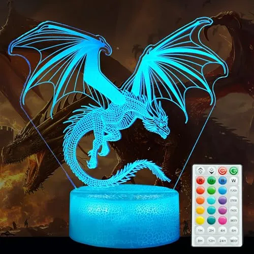 POSSHE Drachen-Nachtlicht, Drachen-Geschenke, 3D-Illusionslampe mit 16 Farbwechseln, Timer, 4 Blitzmodi und dimmbar, Kinderzimmer-Dekoration für Jungen und Mädchen, Feiertags-Weihnachtsgeschenke