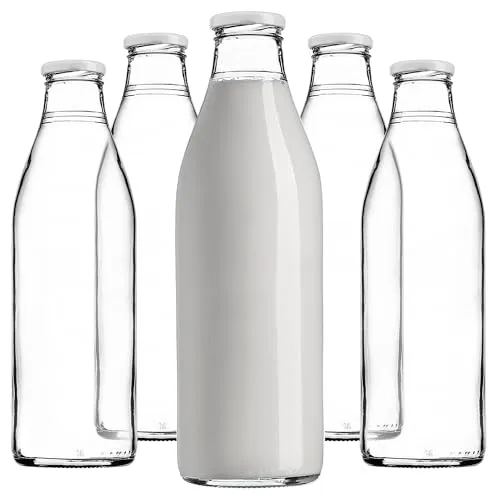 KADAX Milchflaschen 1L mit Deckel, Saftflaschen aus Glas, Glasflaschen 1 Liter mit Schraubverschluss, leere Flaschen zum Befüllen mit Milch, Weithalsflasche (5 Stück)