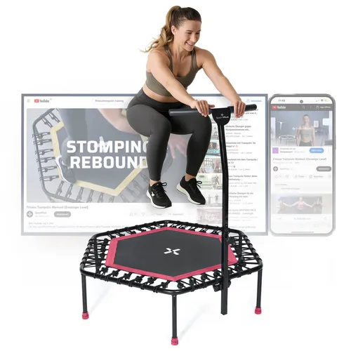 SportPlus Fitnesstrampolin SP-T-1100-P, Ø 126 cm mit Haltefunktion - Trampoline für Indoor Jumping, gelenkschonendes Training mit weicher Gummiseilfederung, ideal für Einsteiger und Profis, max. Belastung 100 kg.
