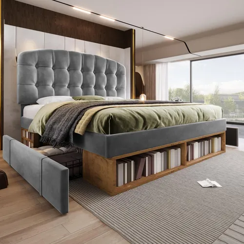 okwish Polsterbett 140x200 mit höhenverstellbarem Kopfteil und Stauraum - Grau - Elegantes Polsterbett mit dreifach höhenverstellbarem Kopfteil für individuelle Anpassung. Inklusive praktischen Schubladen und offenen Fächern für optimalen Stauraum. Ideal für ein stilvolles Schlafzimmer.