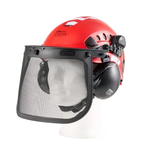 TRUTZHOLM Forsthelm mit Gehörschutz, Visier 50–66cm, 3in1 Schutz | per Drehrad einstellbar, Belüftungsöffnungen, Kinnriemen, reflektierende Elemente, 800g Gewicht, Visier hochklappbar