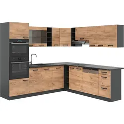 Vicco Eckküche R-Line - L-Form in Goldkraft Eiche Anthrazit, flexibel anpassbar mit höhenverstellbaren Füßen und pflegeleichter Spanplatte