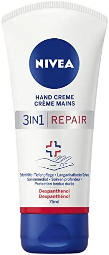 NIVEA 3in1 Repair Hand Creme (75 ml) - Handcreme für sehr trockene und rissige Hände, bietet 24h Feuchtigkeit und sofortige Linderung von Spannungsgefühlen dank Dexpanthenol. Dermatologisch getestet für sanfte Pflege.