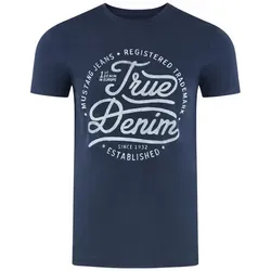 MUSTANG T-Shirt Herren Printshirt Regular Fit (1-tlg) Kurzarm Tee Shirt mit Rundhalsausschnitt aus 100% Baumwolle blau XL (56/58)