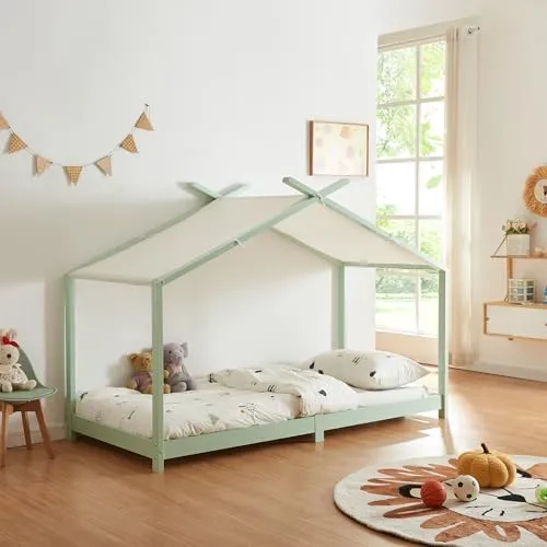 [en.casa] Kinderbett Brome Hausbett 90 x 200 cm - Bettenhaus aus massivem Kiefernholz mit abnehmbarem Stoffdach – ideal für kreative Träume und stabilen Schlaf!