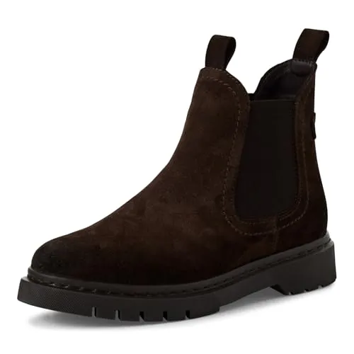 Tamaris Damen Chelsea Boots - Komfortable Stiefeletten mit Wechselfußbett - Wanderschuhe mit COMFORT-Lining und herausnehmbarem Fußbett für optimalen Tragekomfort. Ideal für Übergangszeiten, aus hochwertigem Mocca Suede.