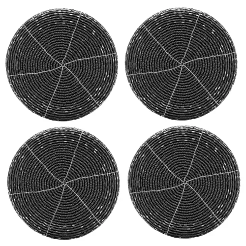 MACOSA EX2591 Glasuntersetzer 4 Stück rund Perlen Schwarz 10 cm Untersetzer Tischuntersetzer Tischdeko Festliche Deko Tischaccessoire (Schwarz)