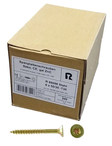 Spanplattenschrauben 6 x 50 mm TX 30 verzinkt - 200 Stück - Holzschrauben Torx