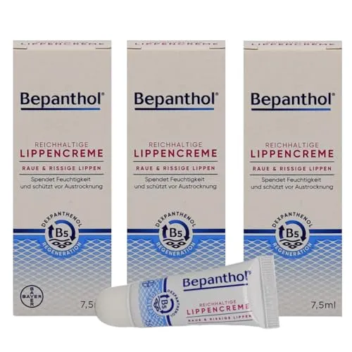 Bepanthol Reichhaltige Lippencreme 3x 7,5 ml I für raue, rissige, spröde, trockene Lippen I zur Regeneration der Lippenhaut I Dexpanthenol I Spar-Set plus Pharma Perle give-away (3x 7,5 ml)