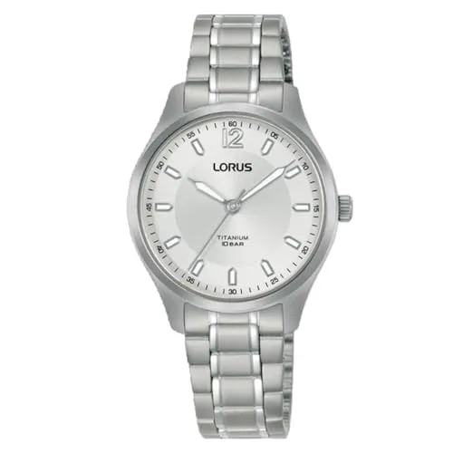 LORUS Damen Analog Quarz Uhr RG239XX9 mit Titan Armband - Elegante Armbanduhr für Damen mit robustem Titan-Gehäuse und -Armband, 100 Meter wasserdicht und maximaler Tragekomfort.