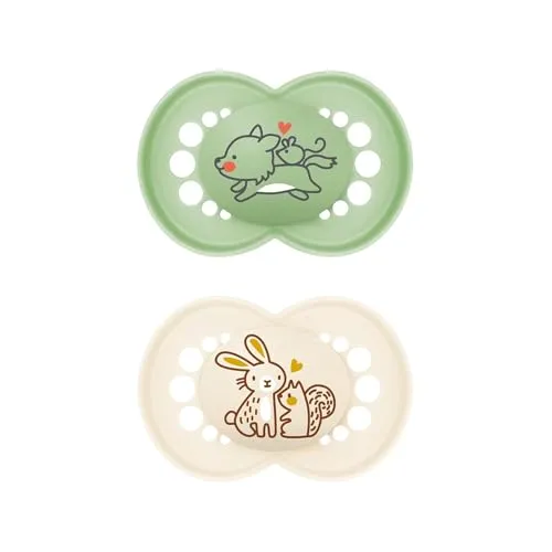 MAM Original Latexschnuller im 2er-Set, Schnuller aus nachhaltigen, bio-erneuerbaren Materialien, Baby Schnuller mit symmetrischem & kiefergerechtem Sauger, 16+ Monate, Wolf/Hase