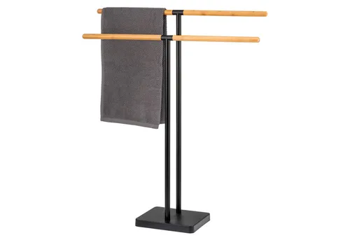 eluno Handtuchhalter freistehend mit 2 Stangen, Bambus/Metall - Handtuchhalter für Bad und mehr, mit 2 Stangen für optimale Trocknung. Modernes Design aus Bambus und Metall, schnell montierbar ohne Bohren!