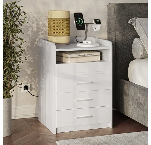 Vicco Nachtschrank Edis, Weiß, 45 x 64 cm mit 3 Schubladen
