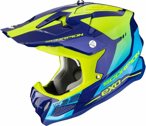Scorpion VX-22 Air Attis Motocross Helm, blau-gelb, Größe L - Motorradhelm mit Airfit® Technologie und strömungsgünstigem Visier für optimalen Luftdurchfluss und reduzierte Luftwiderstand bei hohen Geschwindigkeiten.